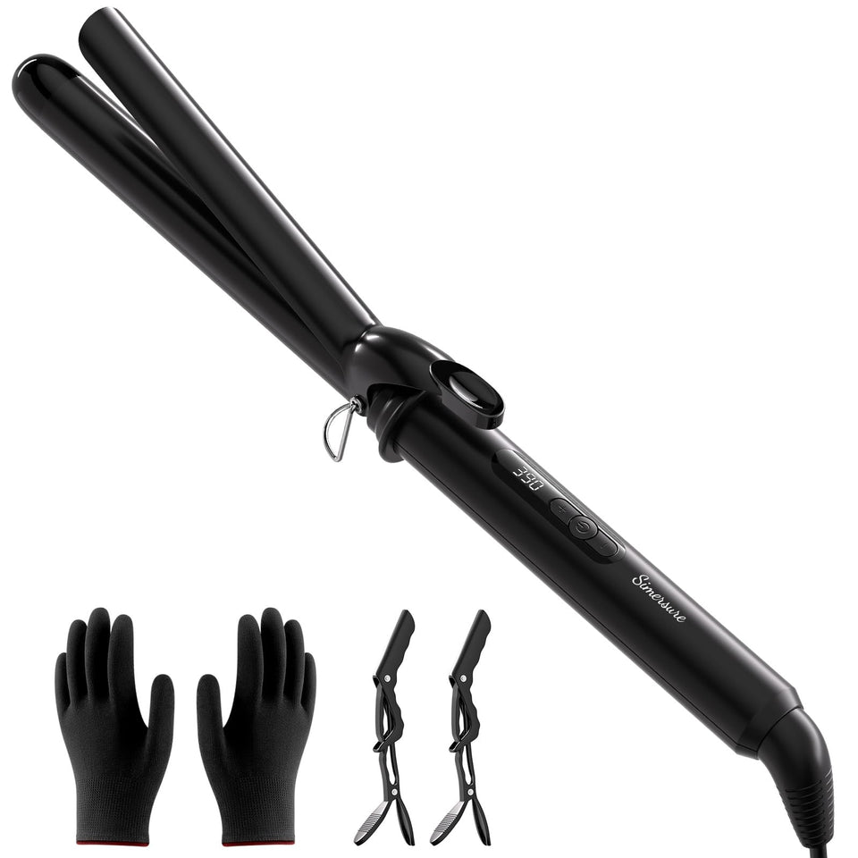 SimerSure curling iron front view showing sleek design and long barrel benefit