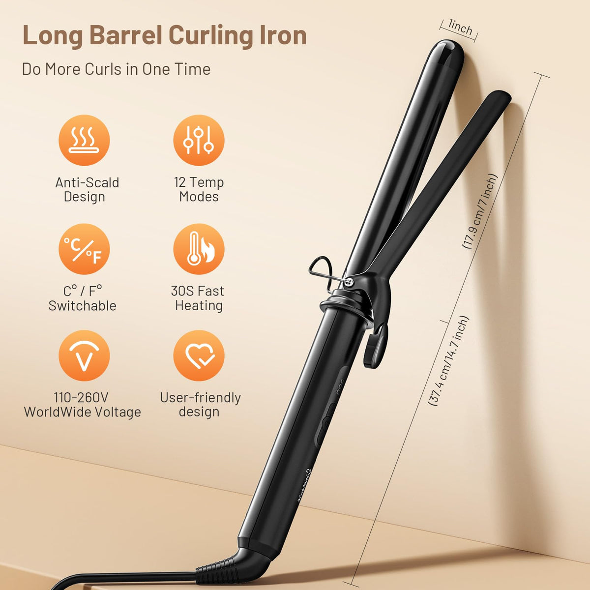 SimerSure LED display and controls showing 12 heat settings for precise styling