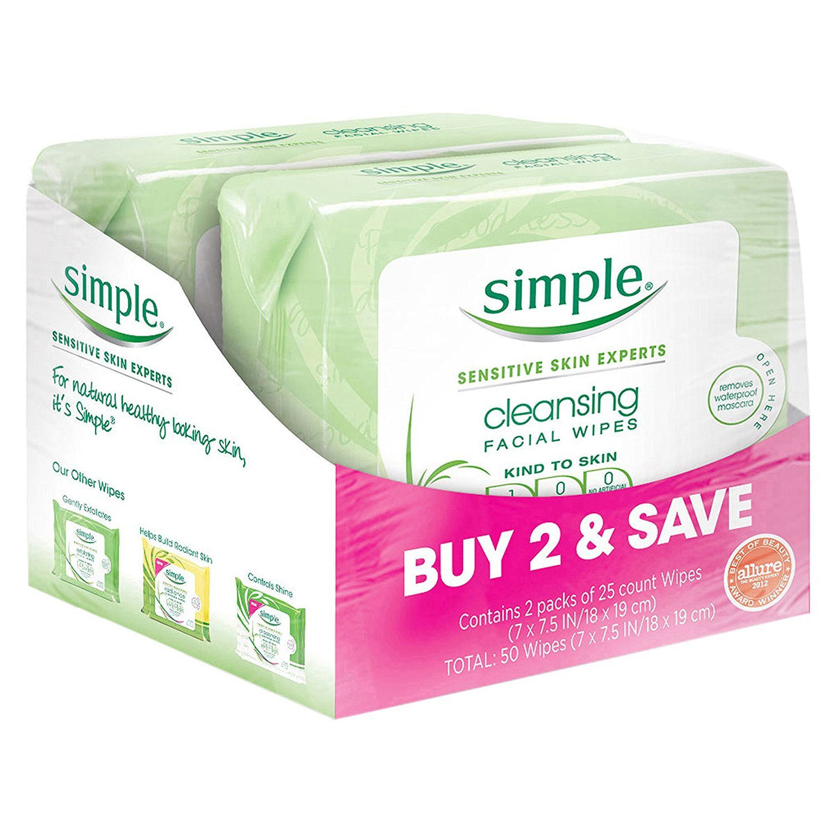 Simple Kind to Skin front packaging showing twin 25-count tubs, convenient and gentle