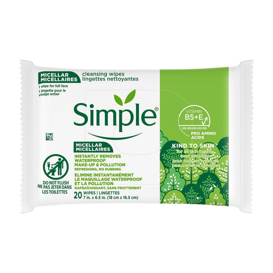 Simple pack front view showing 20 micellar wipes and travel convenience benefit
