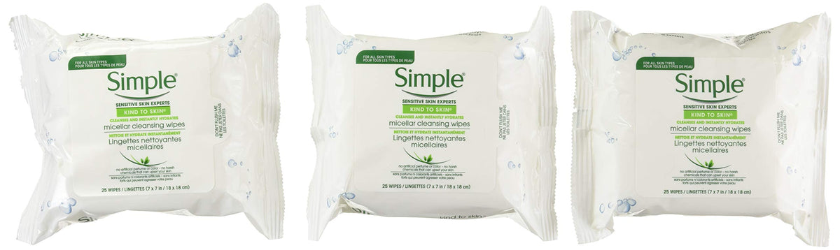 Simple micellar wipes front packaging showing resealable pack and 25 count benefit