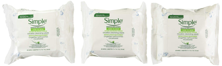 Simple micellar wipes front packaging showing resealable pack and 25 count benefit