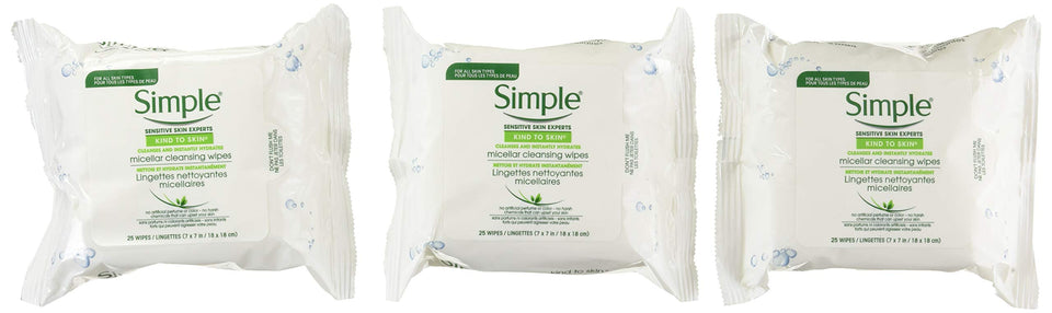 Simple micellar wipes front packaging showing resealable pack and 25 count benefit