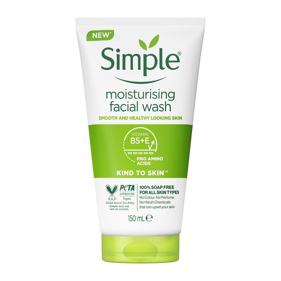 Simple facial wash front tube showing brand and easy dispensing benefit