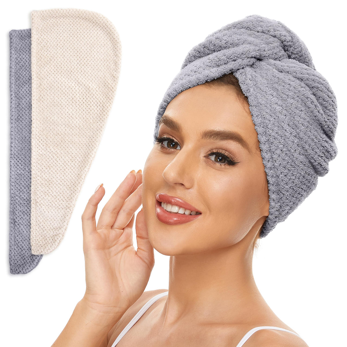 SimpleField front view of beige and grey towel wraps showing compact pack and colors