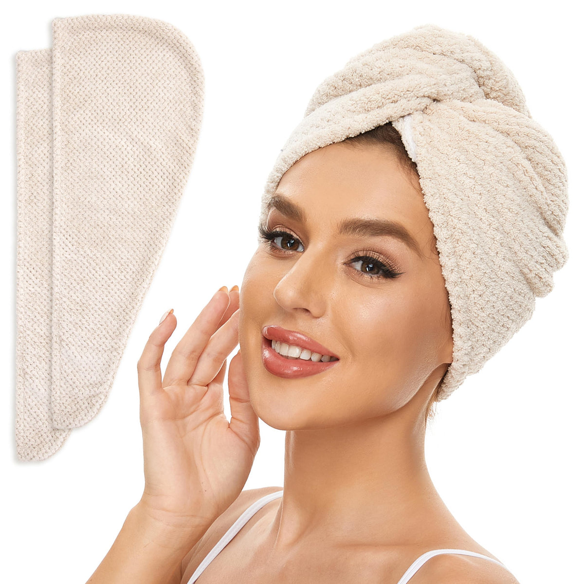 SimpleField front view of two beige towel wraps showing packaging and neat fold for quick-dry convenience