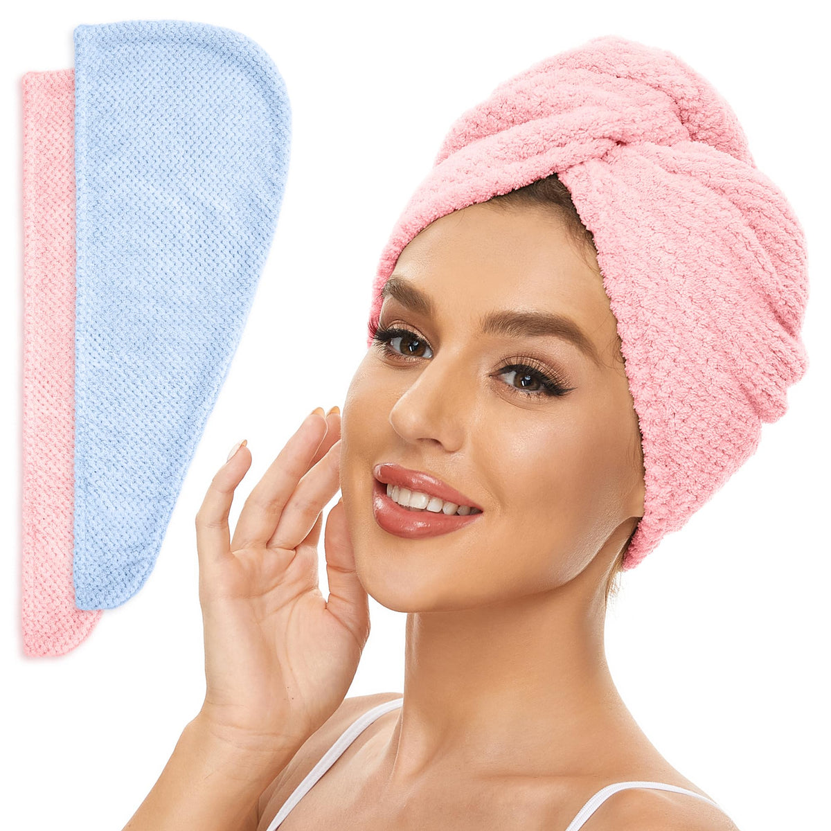 SimpleField front view of blue and pink towel wraps showing colors and packaging, fast drying