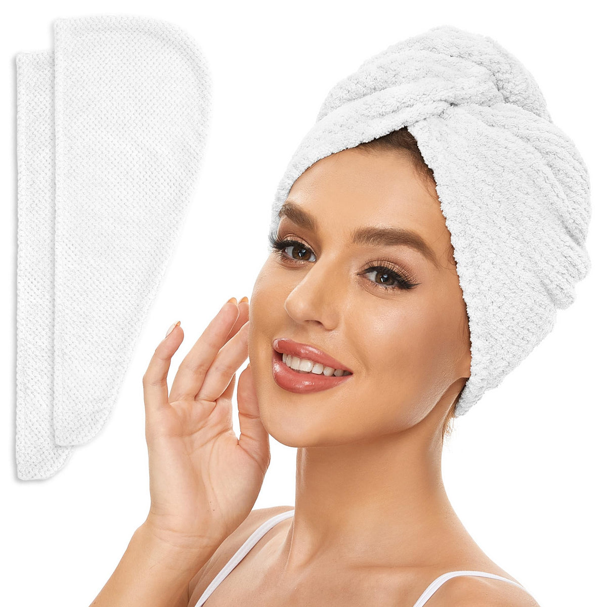 SimpleField front view of two bright white towel wraps showing compact packaging and usability