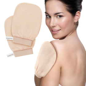 SimpleField front view of two peach Kessa mitts showing packaging and benefit of smooth skin