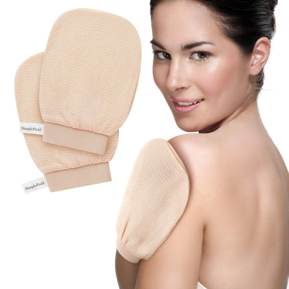 SimpleField front view of two peach Kessa mitts showing packaging and benefit of smooth skin