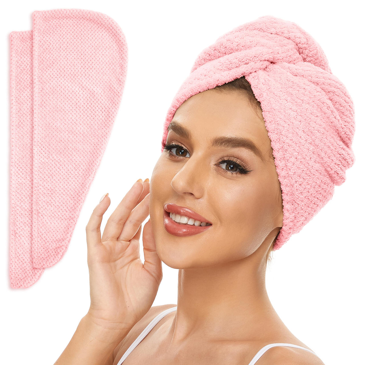 SimpleField front view of two pink towel wraps showing compact packaging and quick-dry benefits