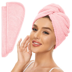 SimpleField front view of two pink towel wraps showing compact packaging and quick-dry benefits