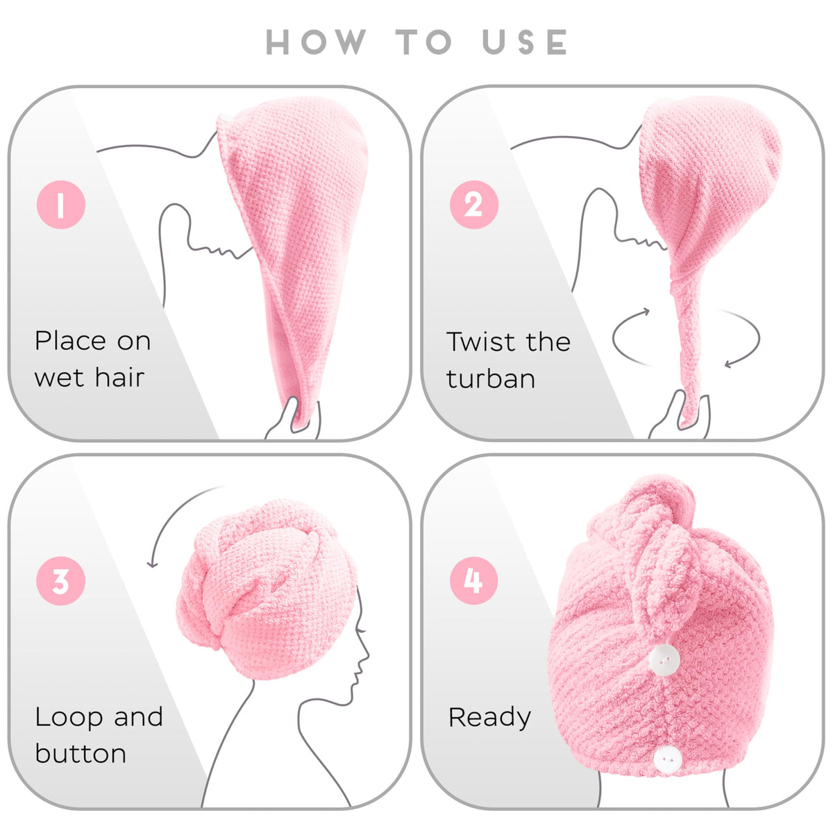 SimpleField turbans on bathroom counter illustrating lightweight, reusable routine convenience