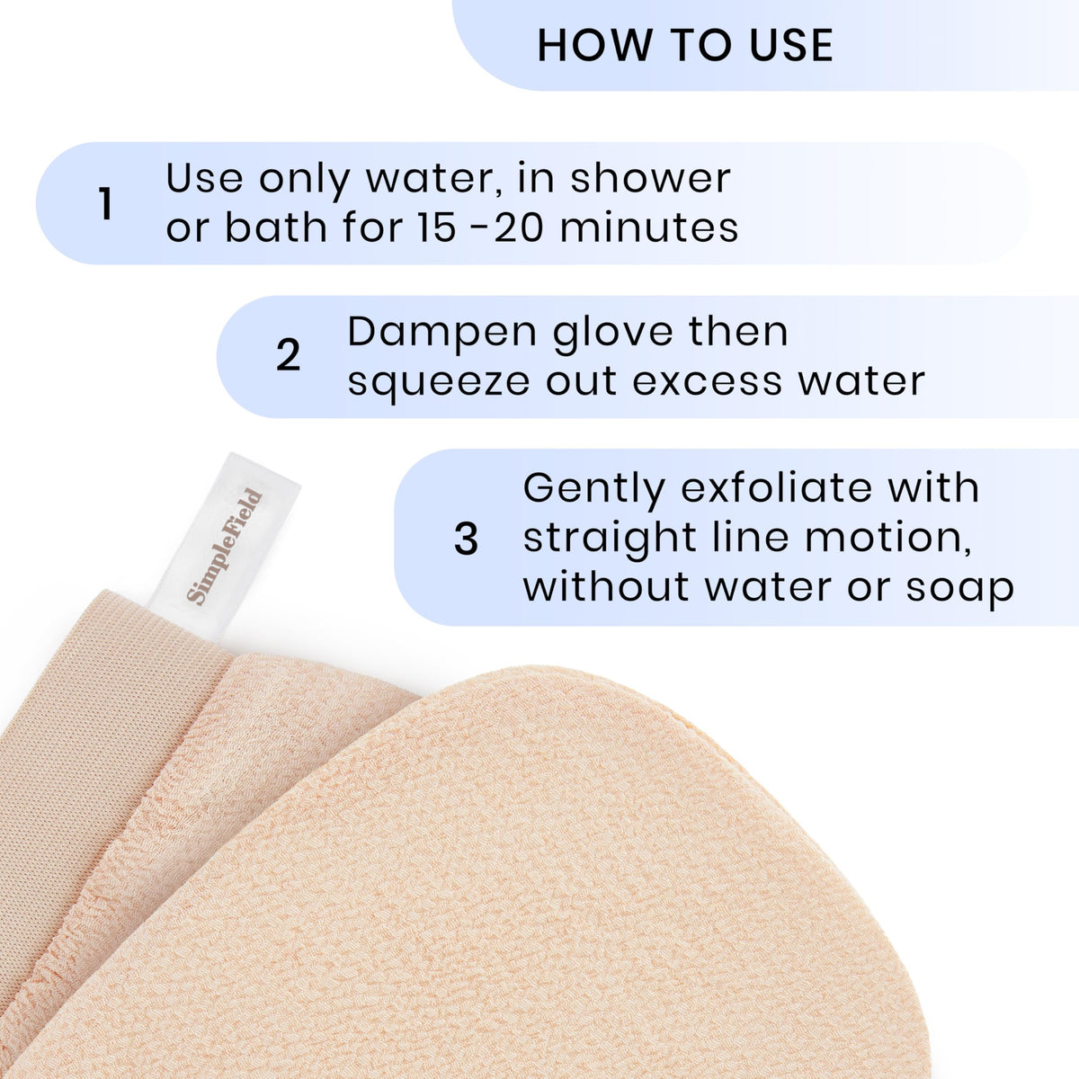 SimpleField mitts styled in bathroom to convey spa-like routine and softer skin