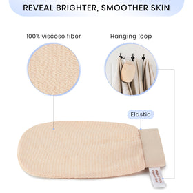 SimpleField mitt on a hand to show scale and easy control for targeted exfoliation