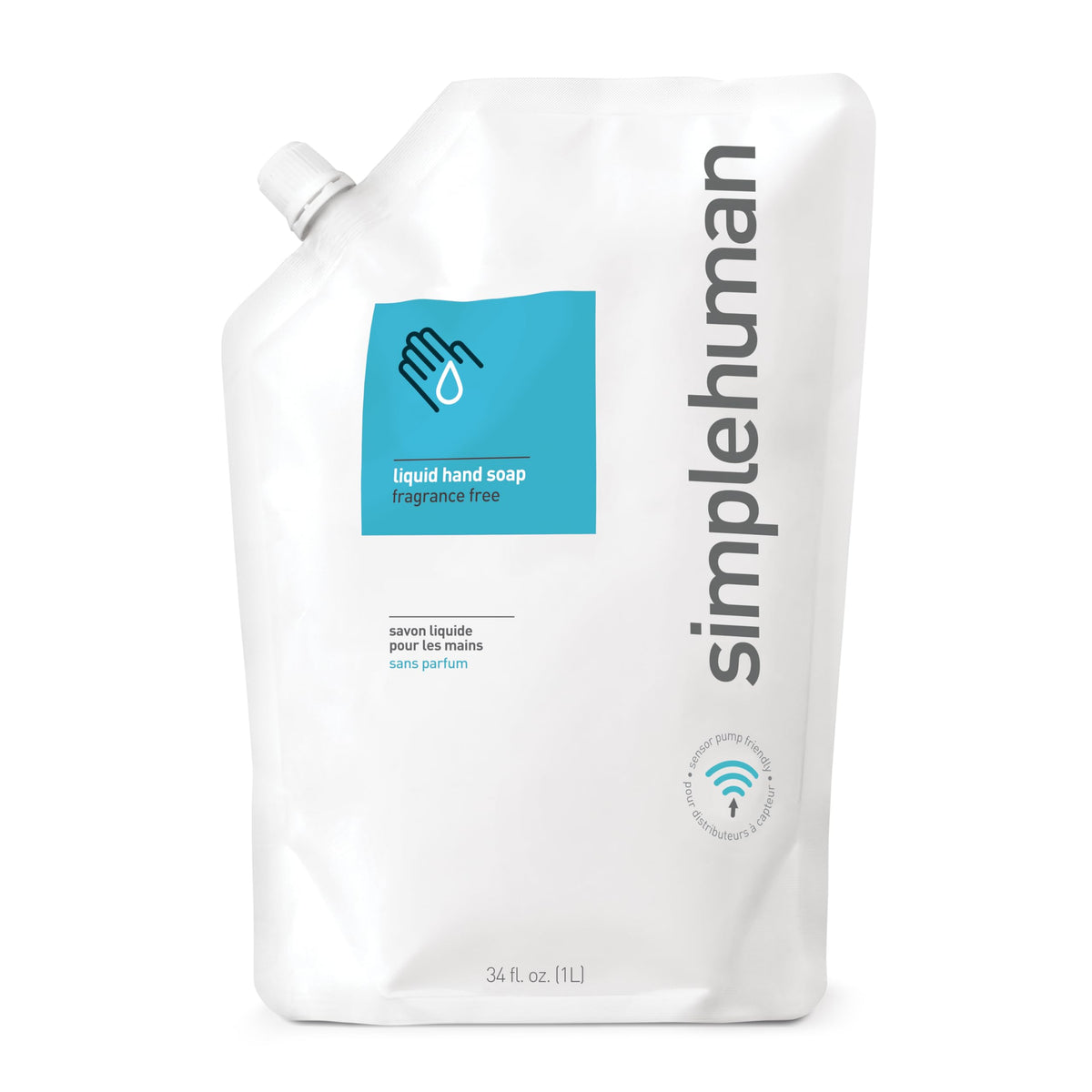 simplehuman front pouch showing label and volume for easy refill benefit