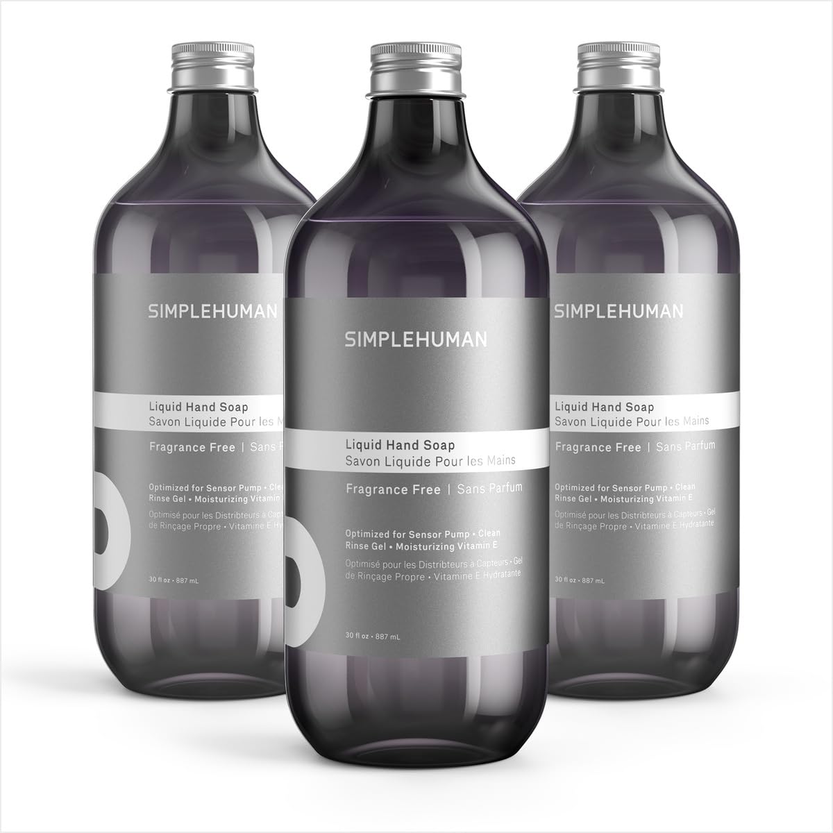 simplehuman front packaging showing three fragrance-free refill bottles and clear labeling, reliable long-lasting supply