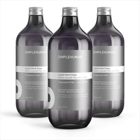 simplehuman front packaging showing three fragrance-free refill bottles and clear labeling, reliable long-lasting supply