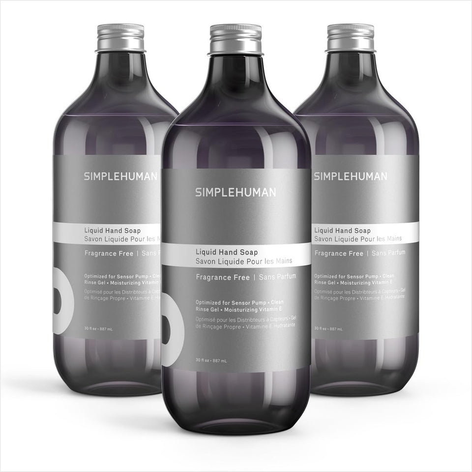 simplehuman front packaging showing three fragrance-free refill bottles and clear labeling, reliable long-lasting supply