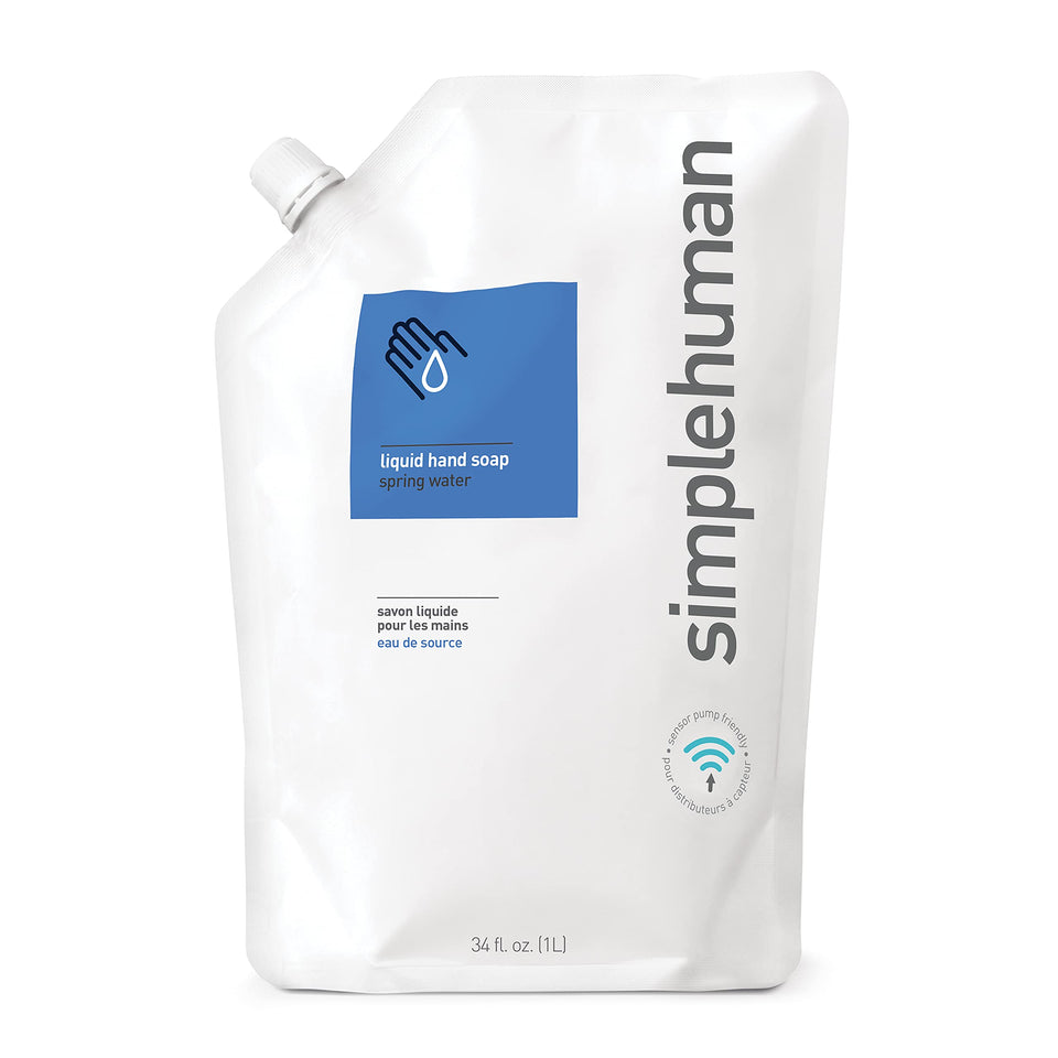 simplehuman front packaging showing 34 fl oz refill, easy refill benefit