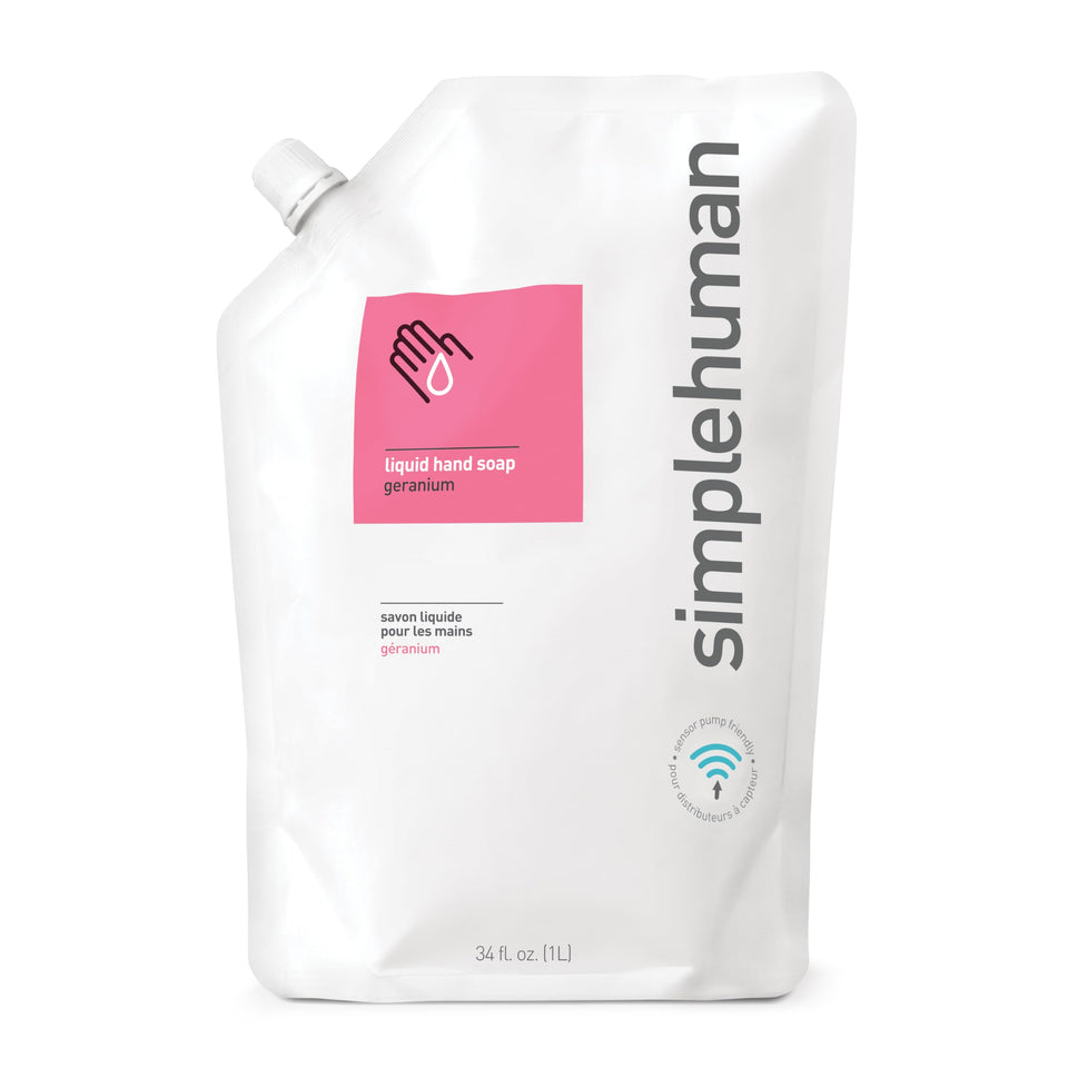simplehuman front packaging of geranium refill shows brand and pouch, reliable refill solution