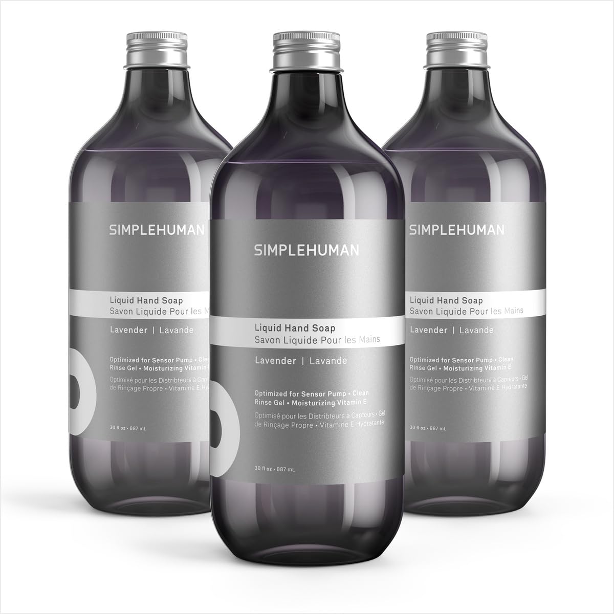 simplehuman front packaging showing three 30 fl oz bottles and calming lavender scent benefit