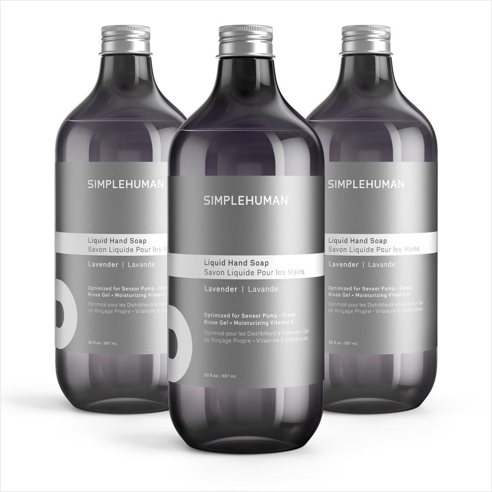 simplehuman front packaging showing three 30 fl oz bottles and calming lavender scent benefit