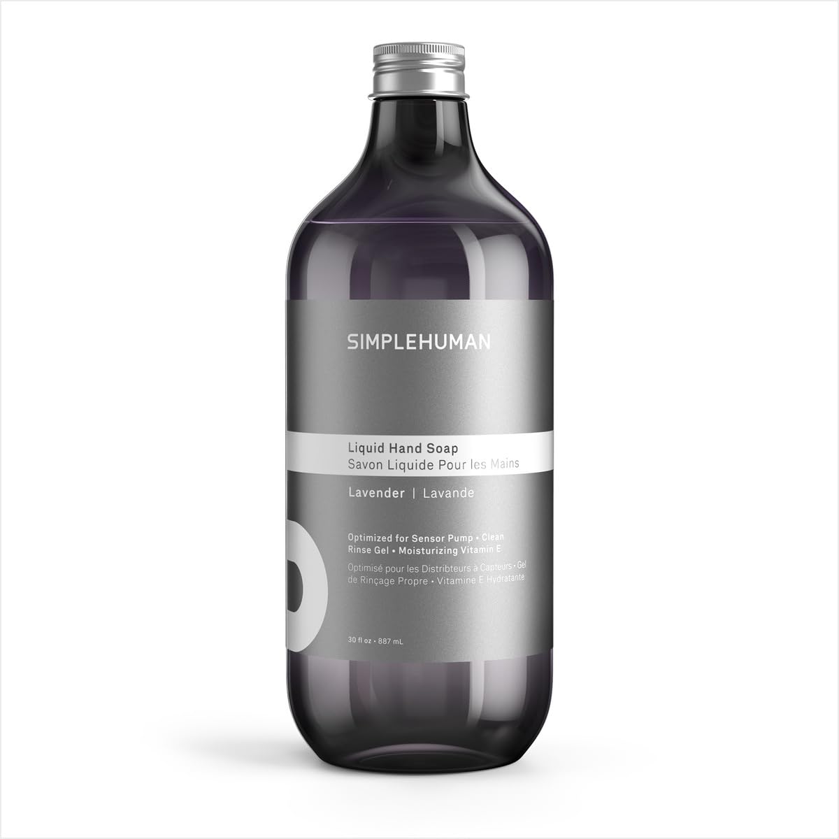 simplehuman front packaging showing 30 fl oz lavender refill and clear branding, convenient value