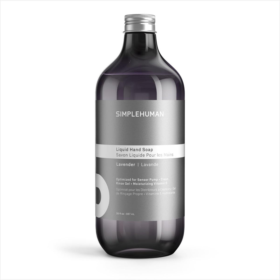 simplehuman front packaging showing 30 fl oz lavender refill and clear branding, convenient value