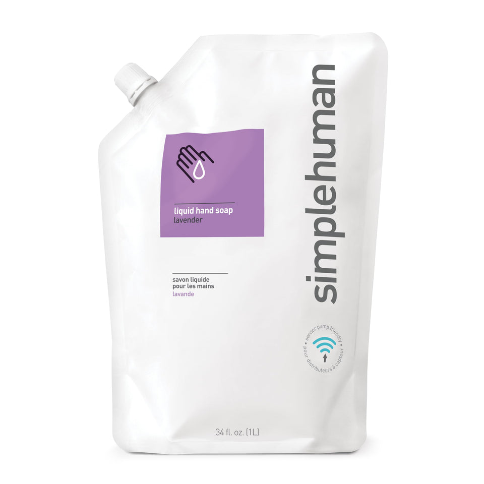 simplehuman front packaging of lavender refill pouch shows clear label and size benefit