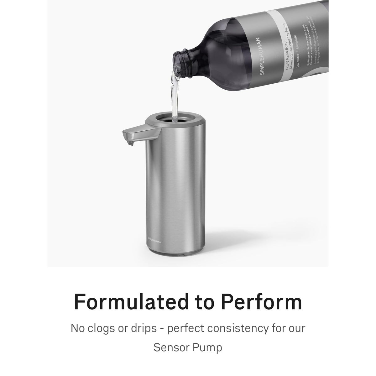 simplehuman bottle next to ruler and label visible showing recyclable packaging and volume