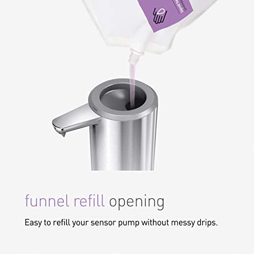simplehuman pouch next to soap bottle showing 34 fl oz volume and cost-saving benefit