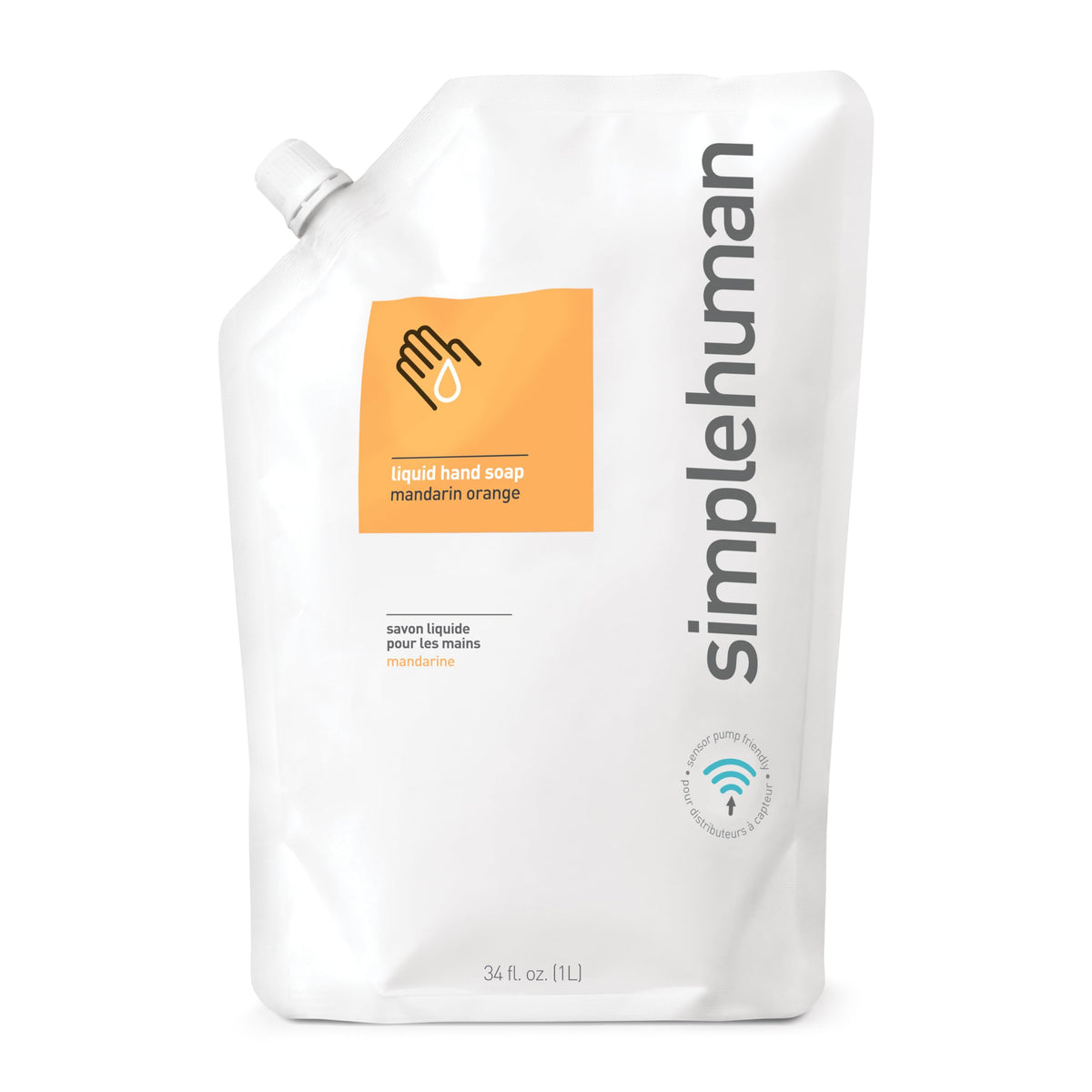 simplehuman front view of mandarin orange refill pouch showing branding and size benefit