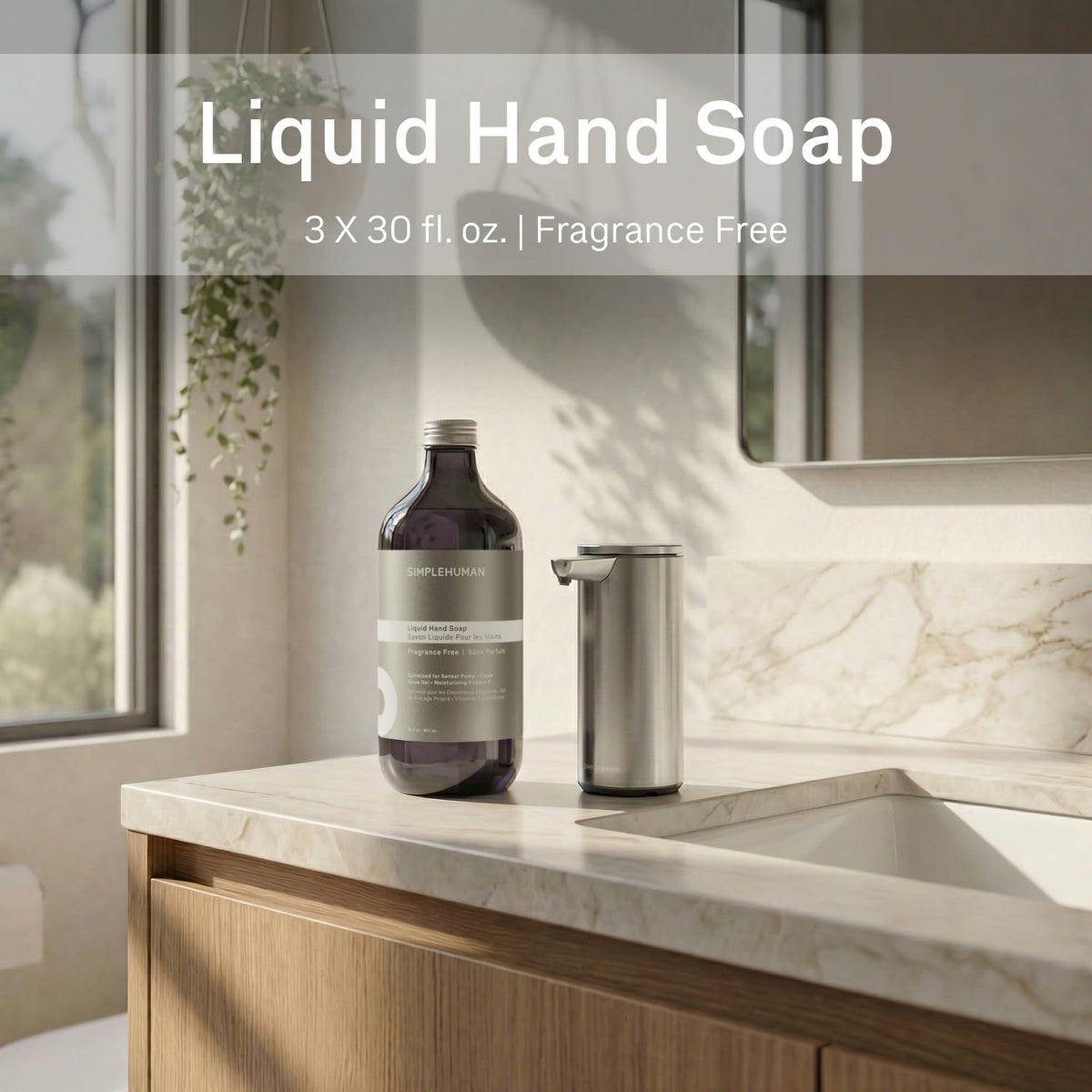simplehuman close-up of soap texture flowing from pump, demonstrating smooth dispensing and clog-free performance