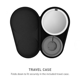simplehuman mirror held in hand to show scale and portable convenience for travel