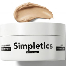 Simpletics front jar showing vanilla-scented hair clay and strong hold benefits