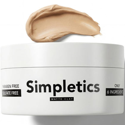 Simpletics front jar showing vanilla-scented hair clay and strong hold benefits