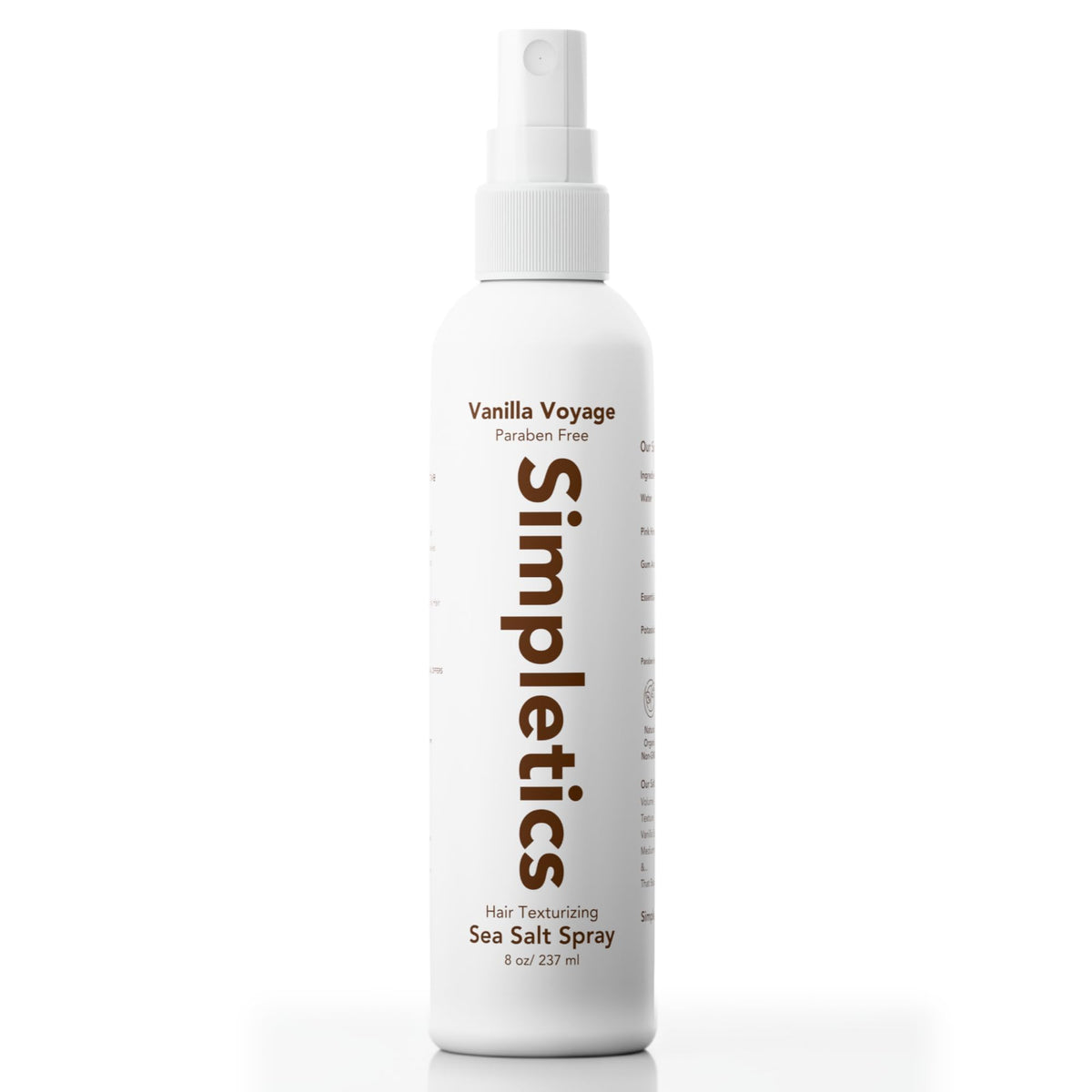 Simpletics front packaging showing vanilla sea salt spray and benefits