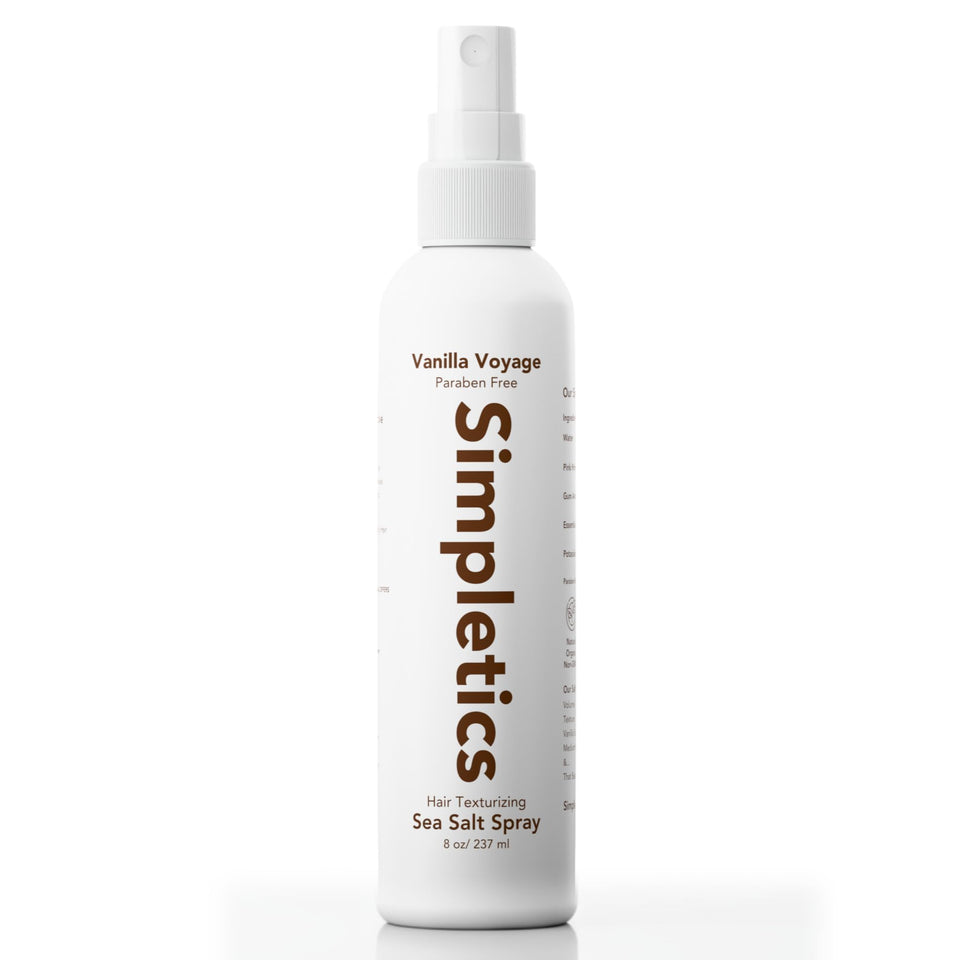 Simpletics front packaging showing vanilla sea salt spray and benefits