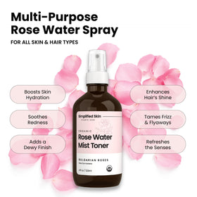 Simplified Skin close-up of clear rosewater texture highlighting purity and lightweight feel