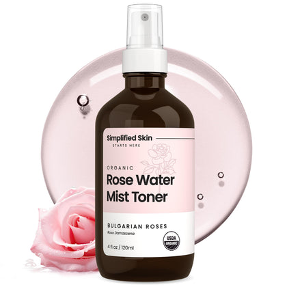 Simplified Skin front bottle shot showing organic rose water and clean packaging benefit