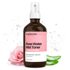 Simplified Skin front bottle showing clear rosewater packaging and benefit
