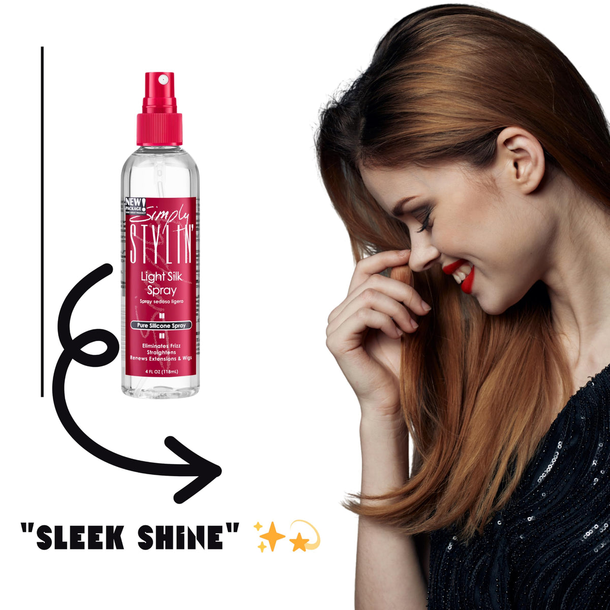 Simply Stylin' applied to hair strand showing smooth texture and added shine benefit