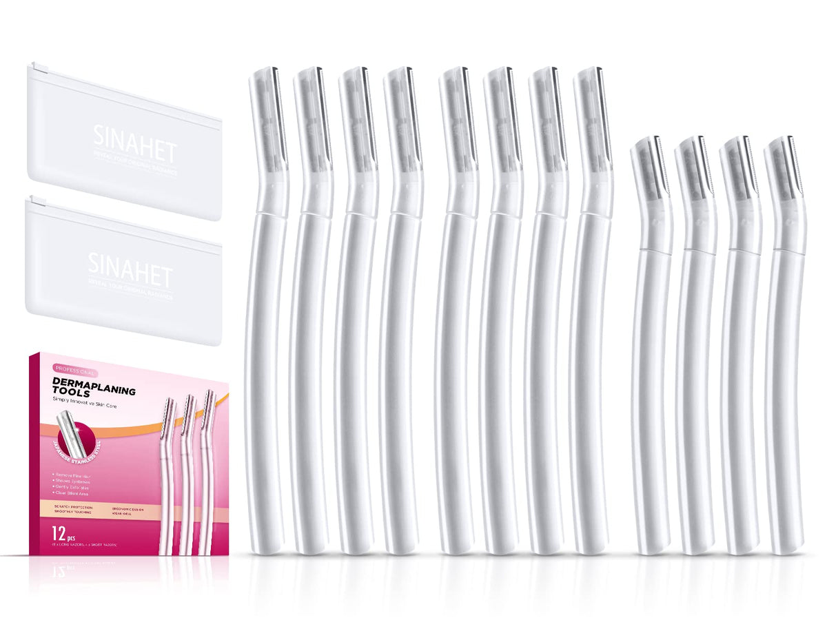 SINAHET front packaging showing 12 dermaplaning blades for consistent exfoliation