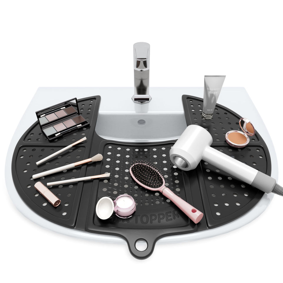 Sink Topper front view showing sleek black surface and organized tools
