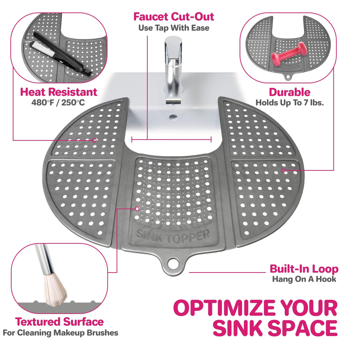 Sink Topper holding makeup brushes and cosmetics to declutter counter