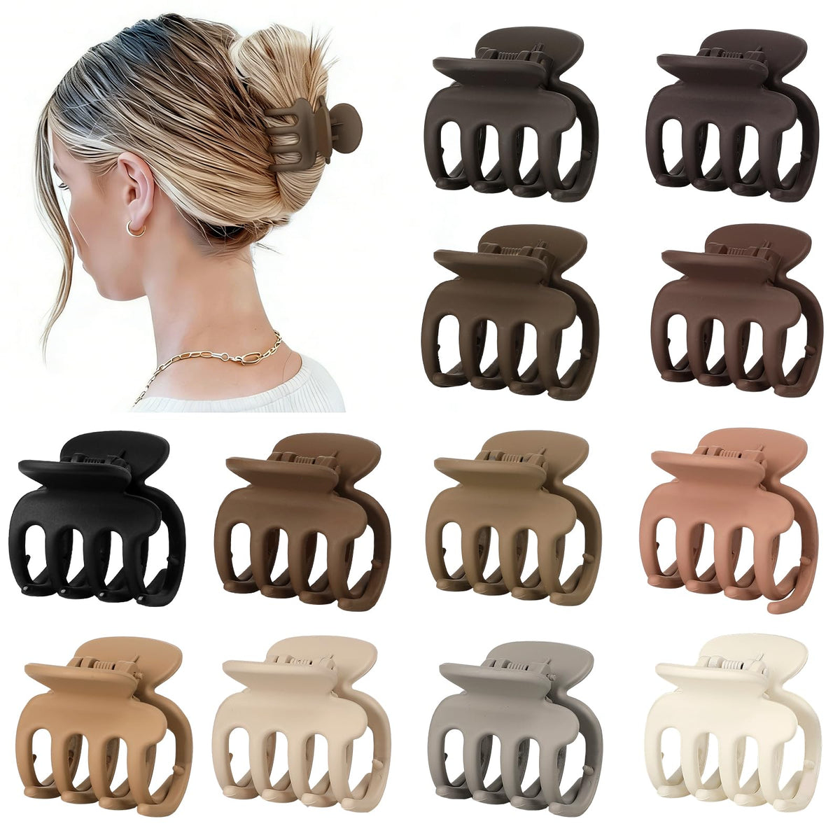 Sisiaipu front view of brown 12-piece clip set showing variety and compactness