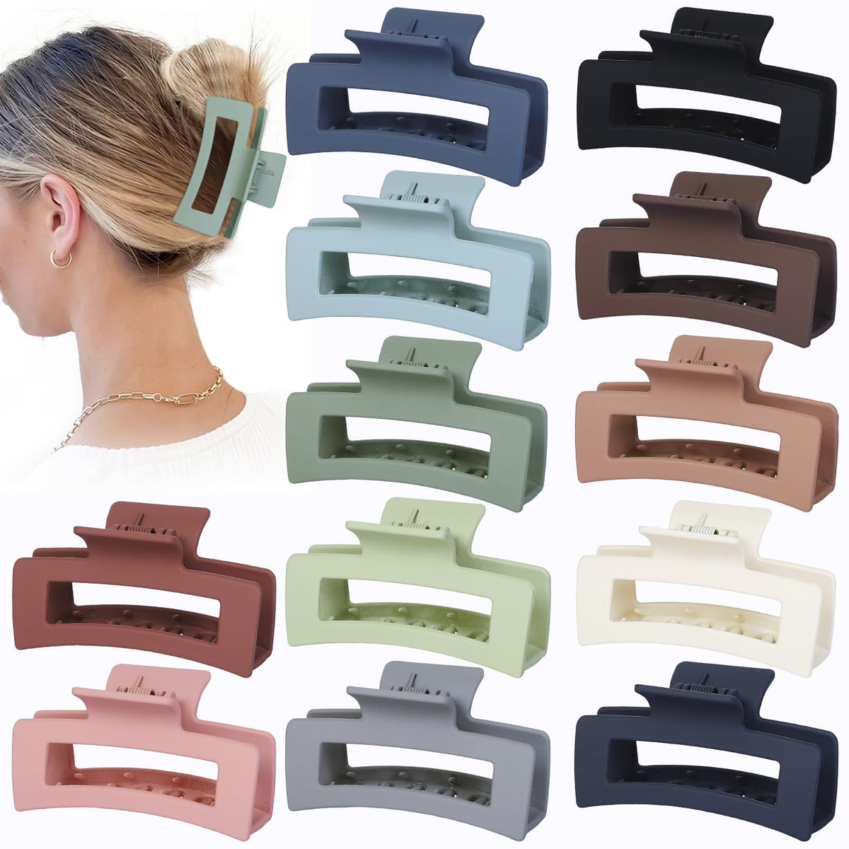 Sisiaipu front view of 12-piece multicolor clip set showing selection and design benefit