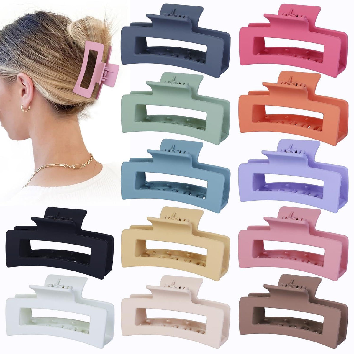 Sisiaipu front view of 12 colorful medium jaw clips showing full set and colors, organized neatly