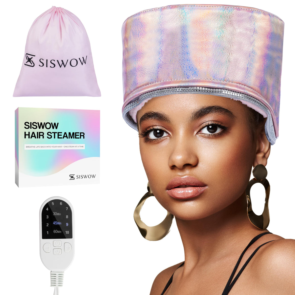 SISWOW front view of heat cap showing full-head coverage and even heating benefit